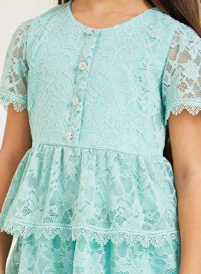 Styli Girls Mint Green Tiered Lace Dress